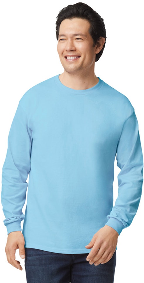 Basic Sky blue Blue Crew Neckline Long Sleeves Cotton T-Shirt