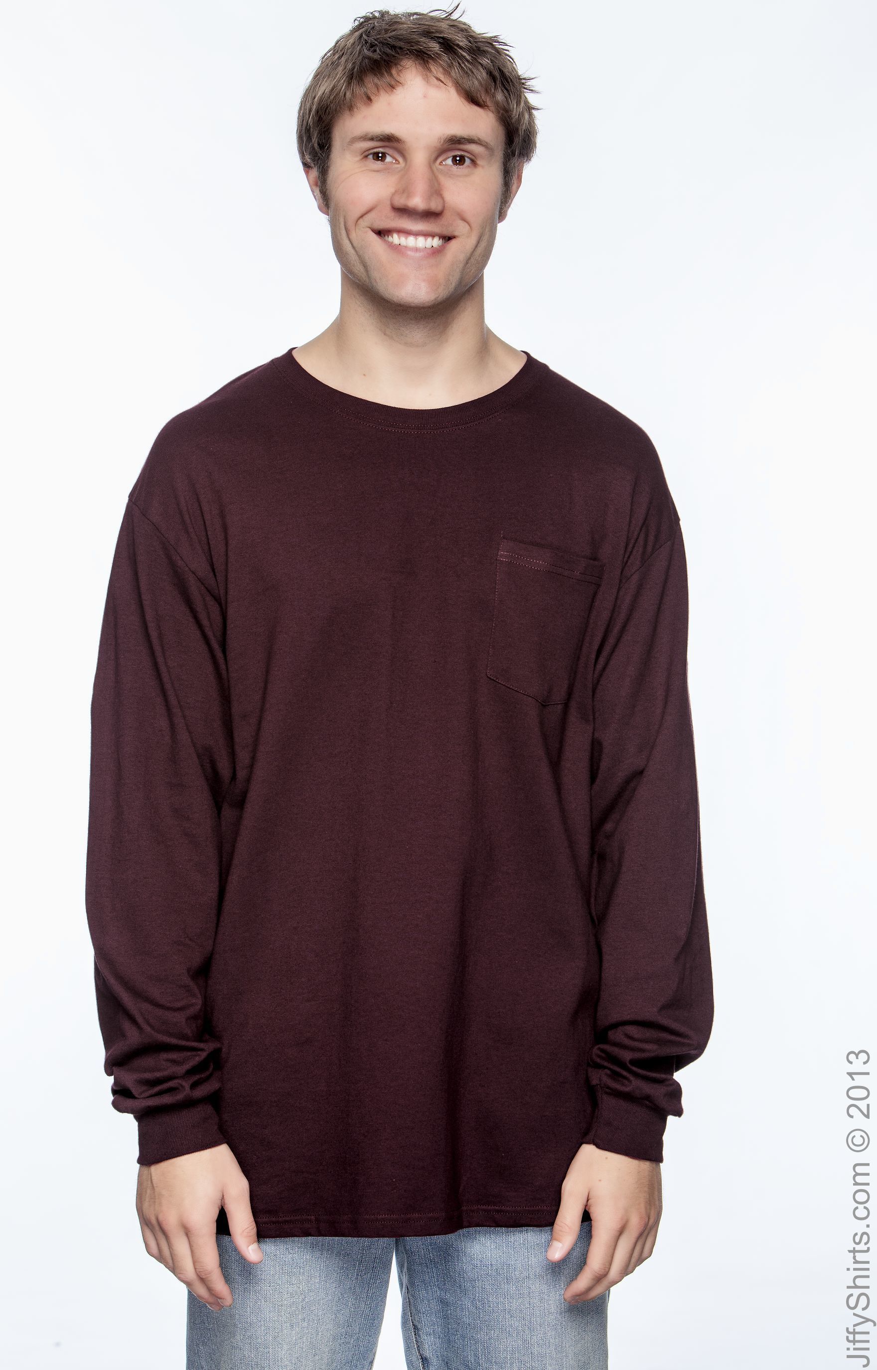Maroon X-Large Hanes Mens Tagless Long Sleeve T-Shirt with a Pocket