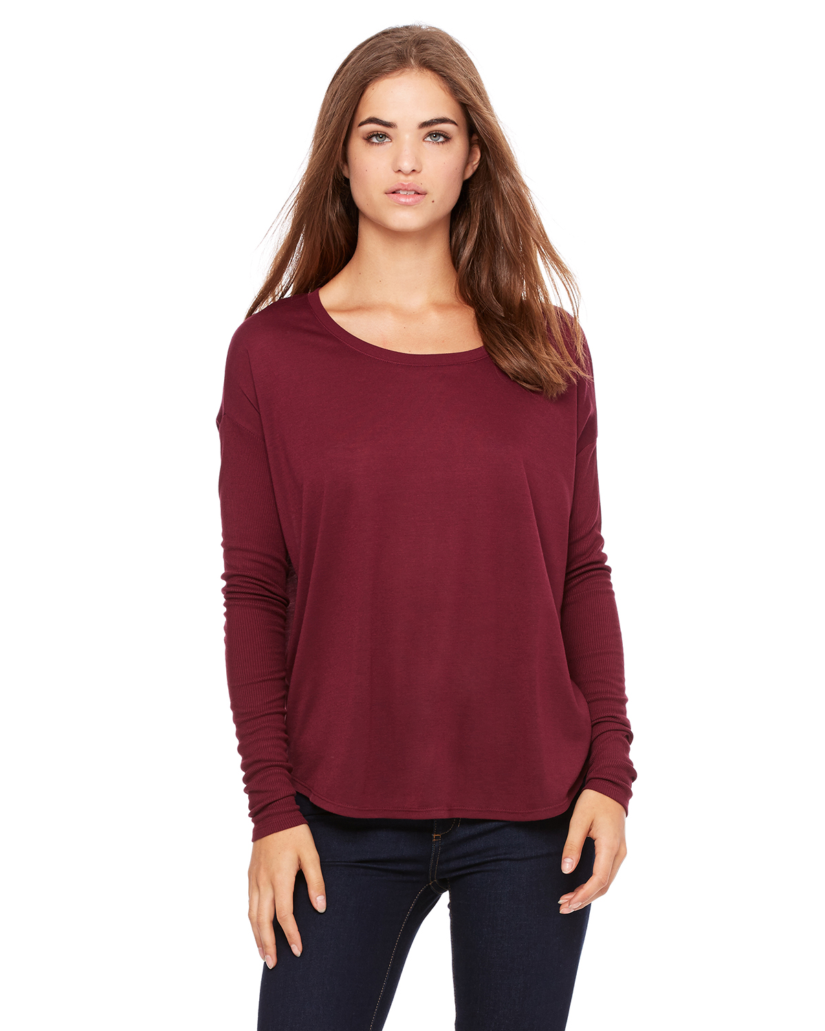 Download Bella Canvas 8852 Maroon Ladies Flowy Long Sleeve T Shirt With 2x1 Sleeves