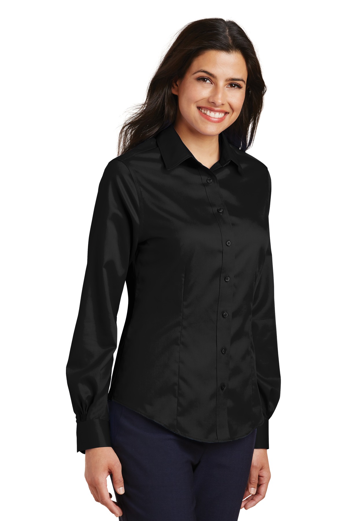 Port Authority L638 Black Ladies Non-Iron Twill Shirt | JiffyShirts