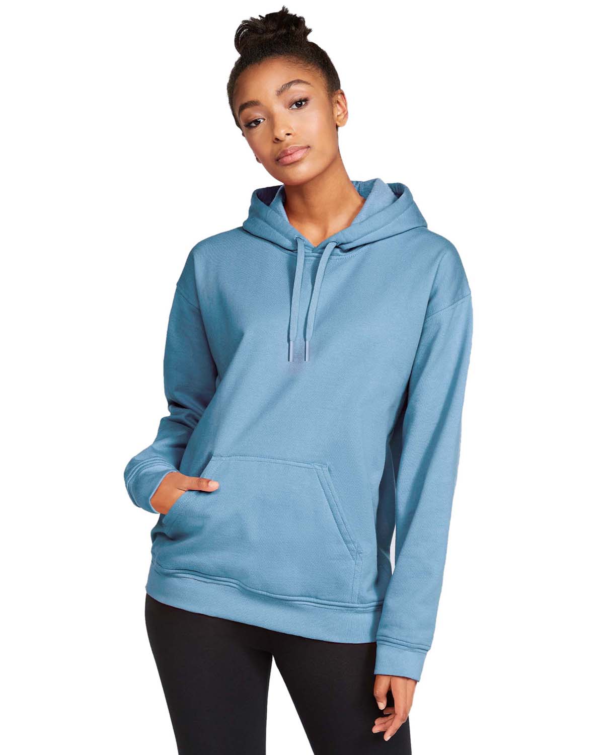 Blue hoodie with online grey hood