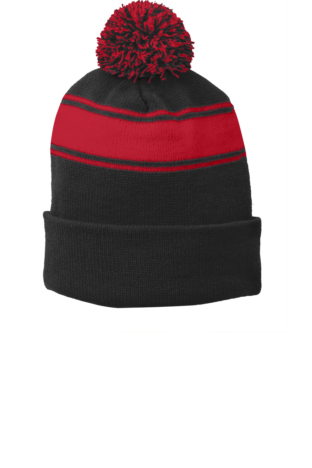 True Red Stripe Pom Pom Beanie 