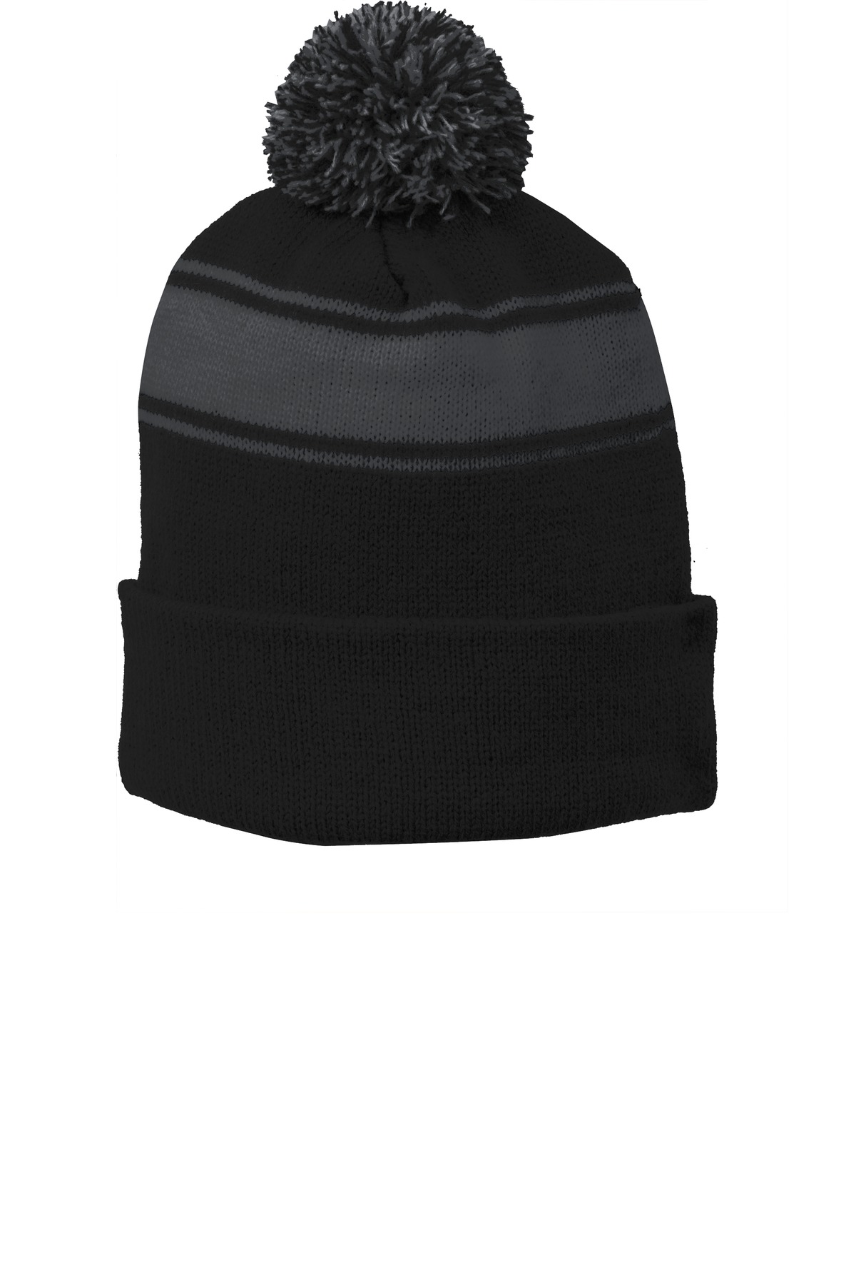 Iron Gray Stripe Pom Pom Beanie 