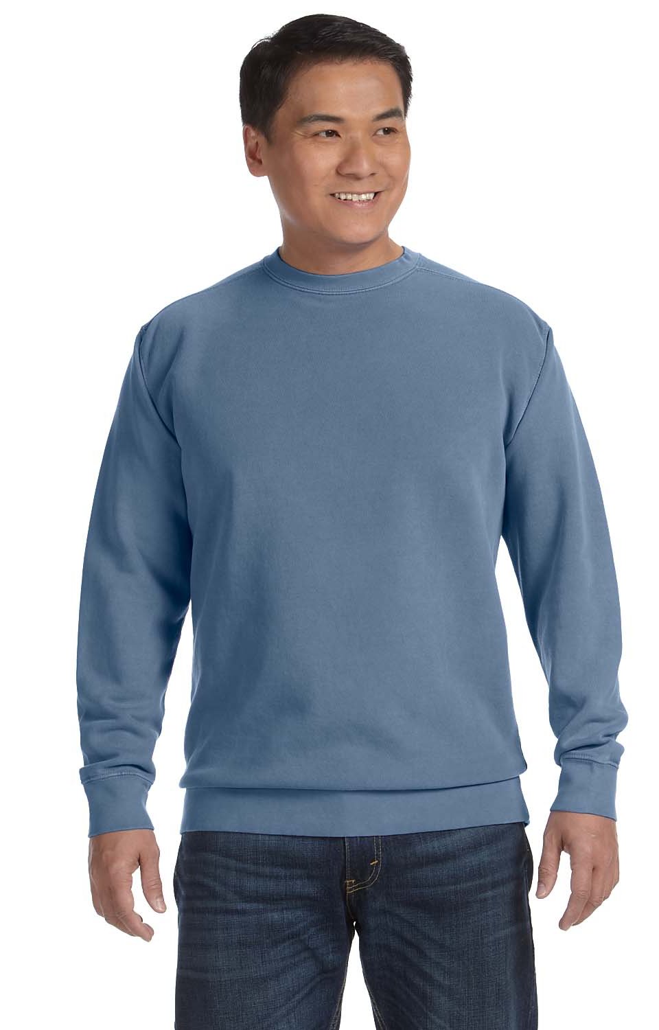 blue sweatshirt with blue jeans