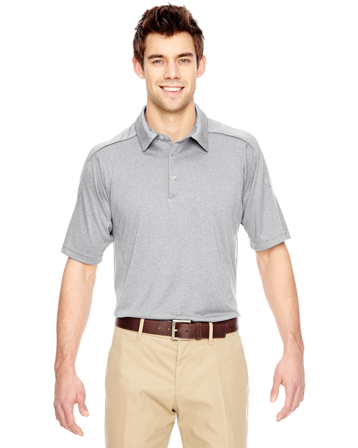 gray polo with khaki pants